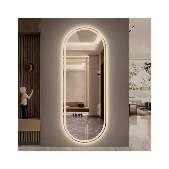 Sandgestrahlter ovaler Spiegel mit warmer LED-Beleuchtung – 60 x 150 cm | Holz und ovales Glas