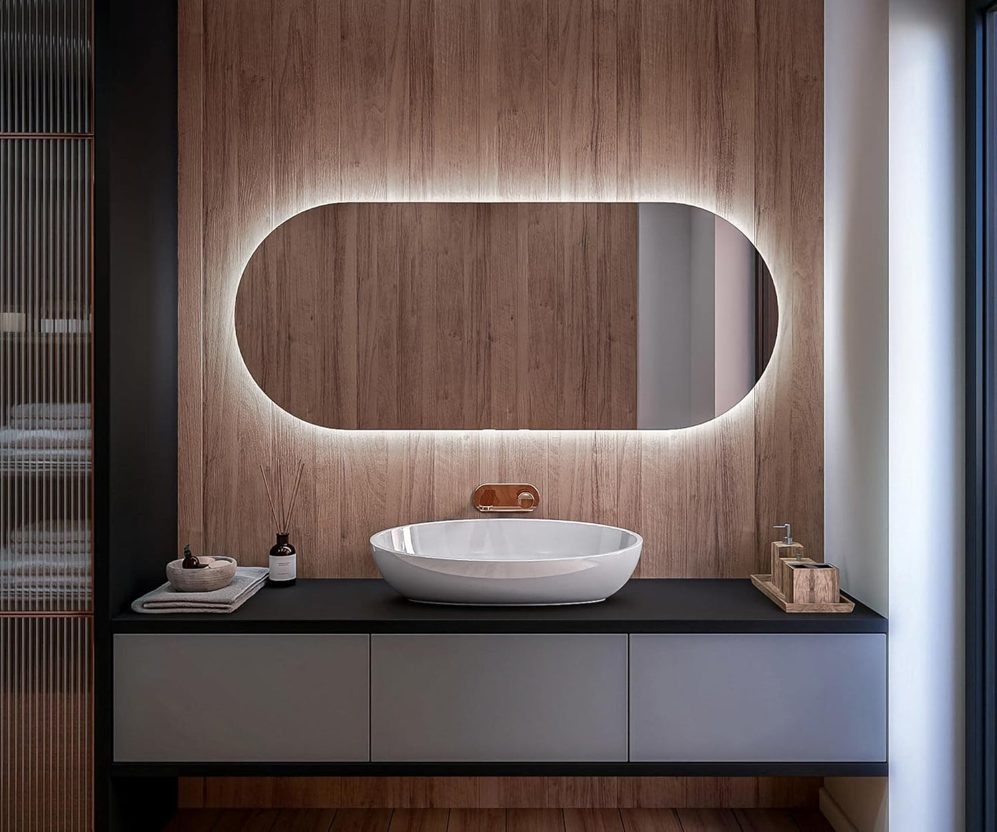 Sonderedition - Schlanker runder Spiegel mit LED 80x40cm